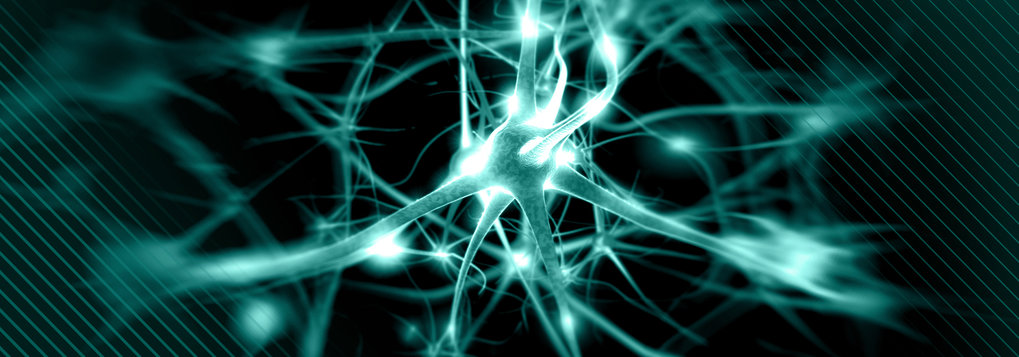 Neural network visualization in teal hues.