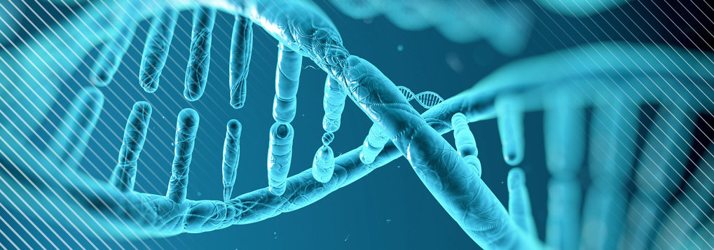 DNA strand in blue tones with digital effects.
