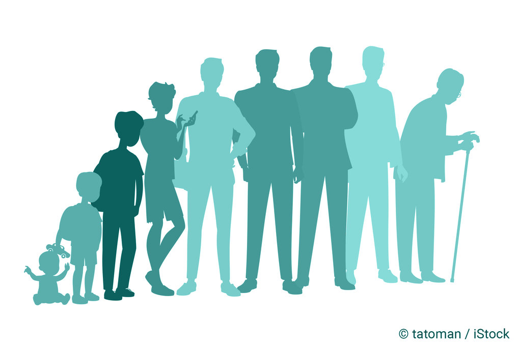Silhouettes of eight people from infancy to old age.